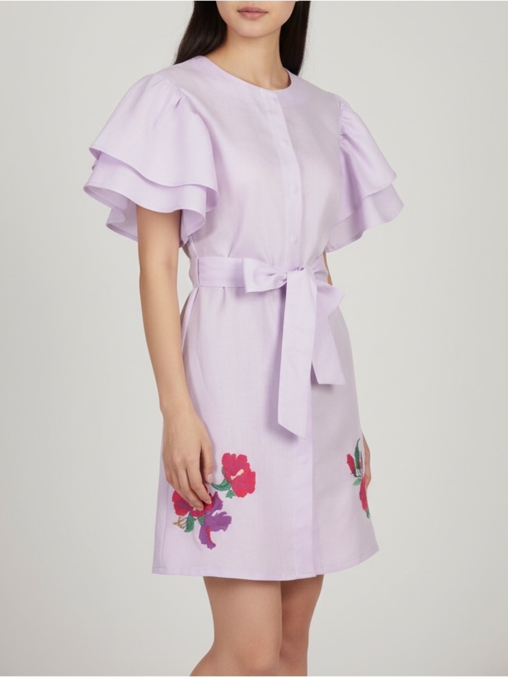 NWT Fanm Mon Kelly Ruffle Belt Embroidered Floral Pocket Dress Lilac Purple Sz S